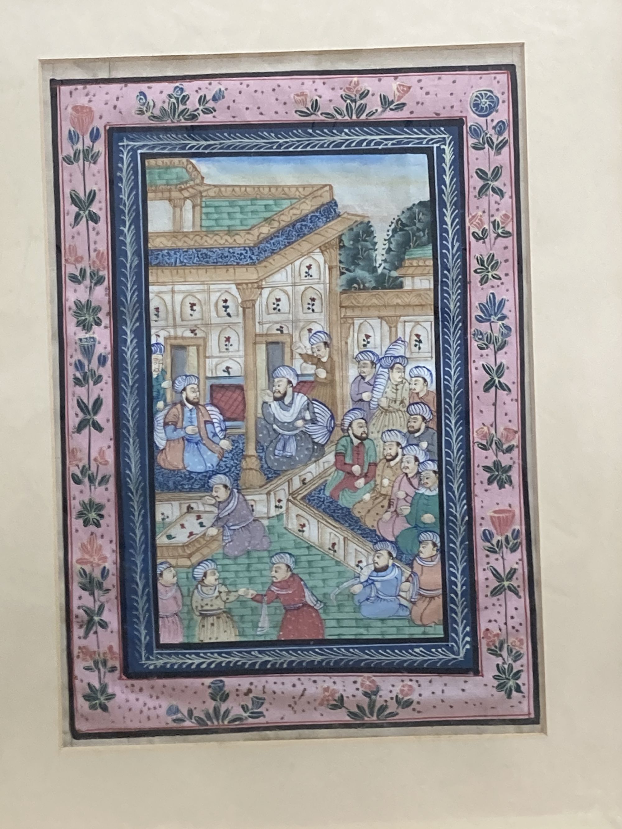 Persian School, four gouache on paper, Figures in courtyards, largest 31 x 20cm